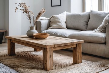 Modern Scandinavian interior design in the living room with wooden tables and sofas. Generative AI
