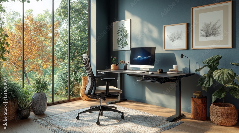 Poster a cozy workspace features a sleek desk with a computer, surrounded by lush greenery and soothing aut