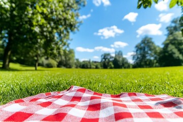 Picnic Blanket on Green Lawn Outdoors