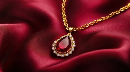Golden necklace with ruby pendant on silk fabric