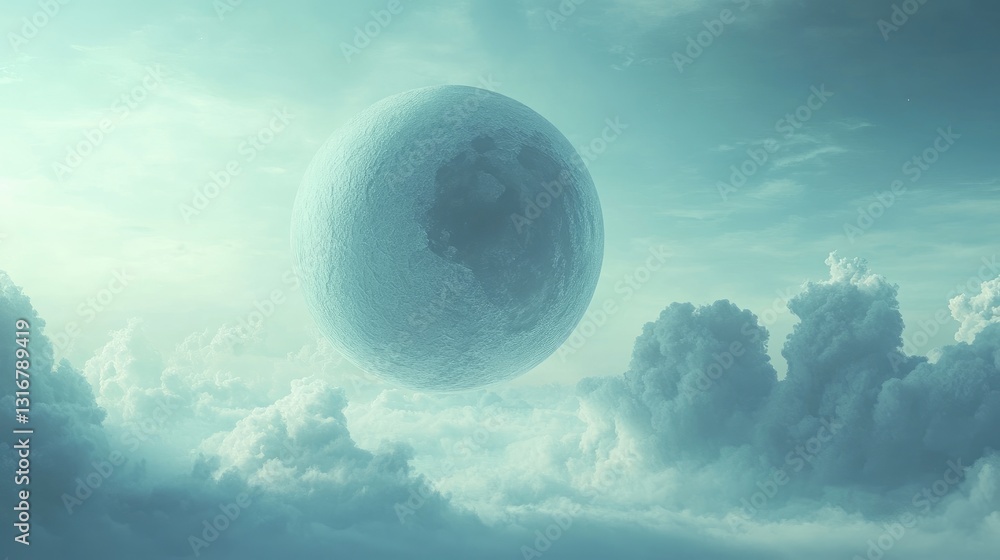 Poster Surreal Landscape with Mythical Moon Hovering Above Soft Clouds in Ethereal Sky