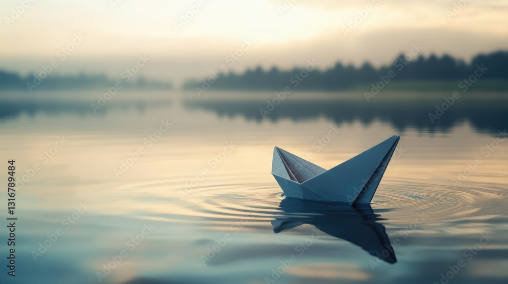 Poster Serene Paper Boat Floating on Calm Water at Dawn with Soft Mist and Gentle Ripples in the Background