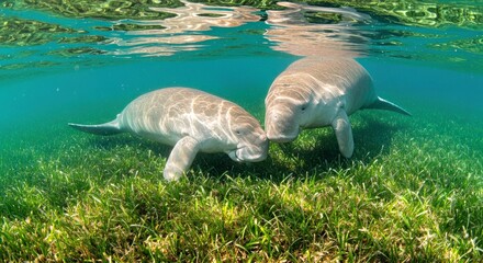 Naklejka premium A mother Dugong (Dugong dugon) nudges her calf gently through a lush seagrass meadow in clear, shallow tropical waters