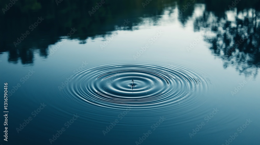 Poster a minimalist single droplet creating ripples in a still lake