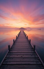 Obraz premium Tranquil Sunrise: Wooden Pier Leading to Serene Waters Under a Colorful Sky