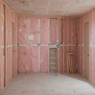 Interior walls insulated with pink material before drywalling