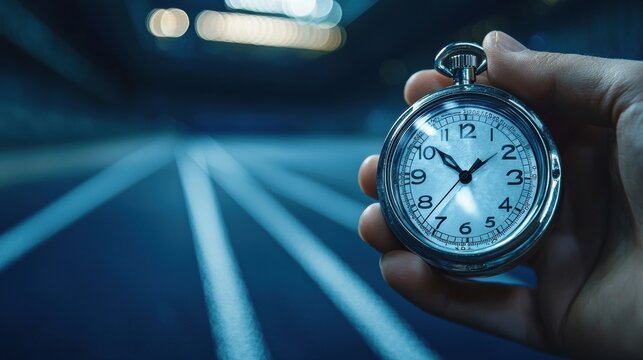 Hand Holding Shining Stopwatch Near Race Track in Indoor Sports Environment