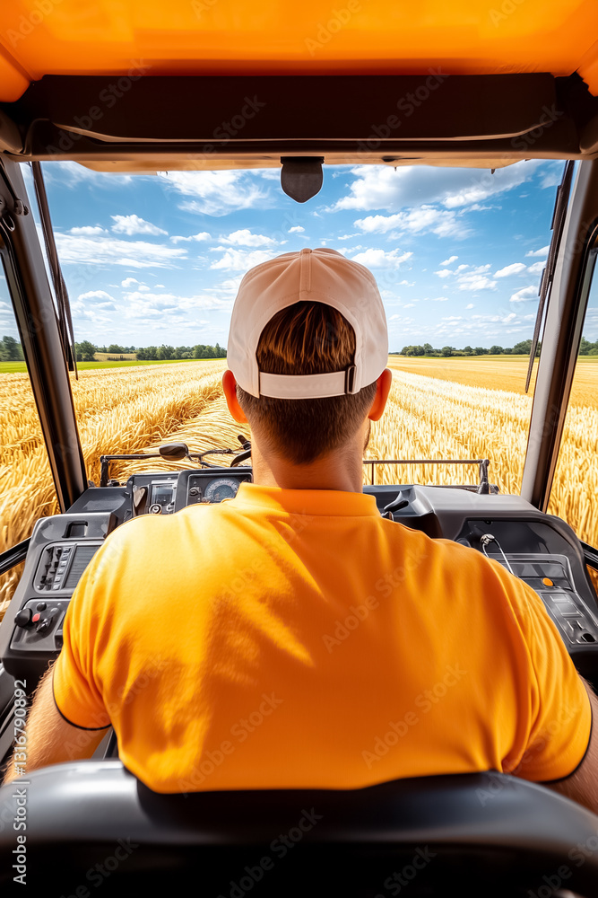 Poster inside the combine cabin, the operator focuses intently on the control panel while driving through e