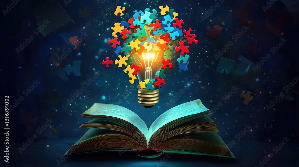 Aufkleber illuminated idea concept with colorful puzzle pieces emanating from open book against dark backgroun