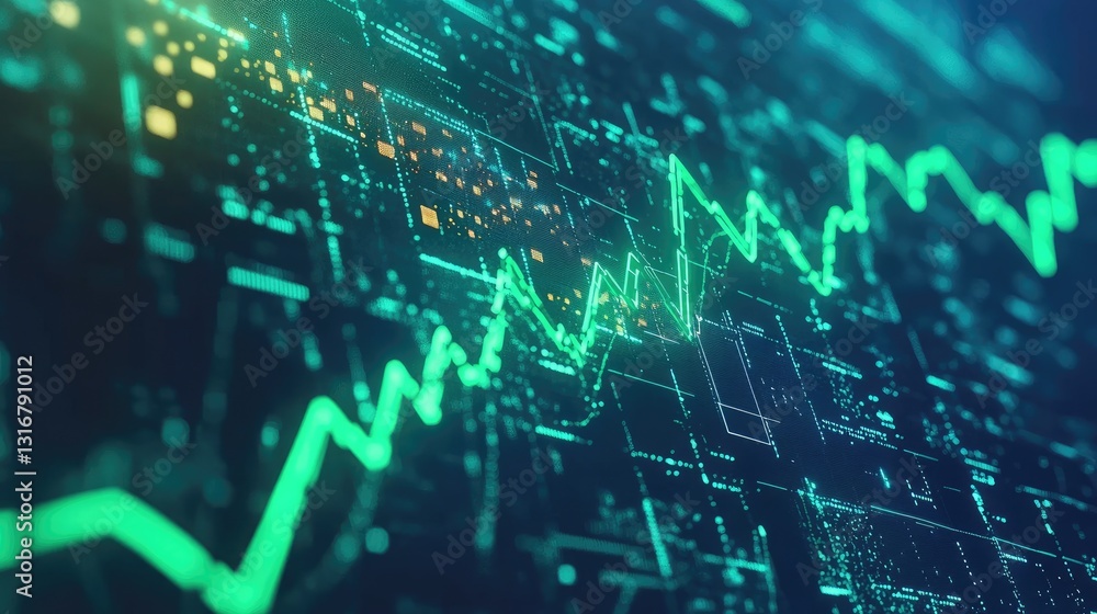 Aufkleber abstract digital financial chart with glowing green lines and data points representing stock market 