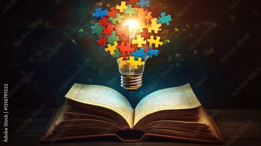 Aufkleber open book with colorful puzzle pieces and light bulb representing creativity and knowledge in a dark