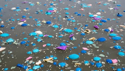 polluted water surface filled with tiny plastic fragments and synthetic debris for ocean conservation campaigns