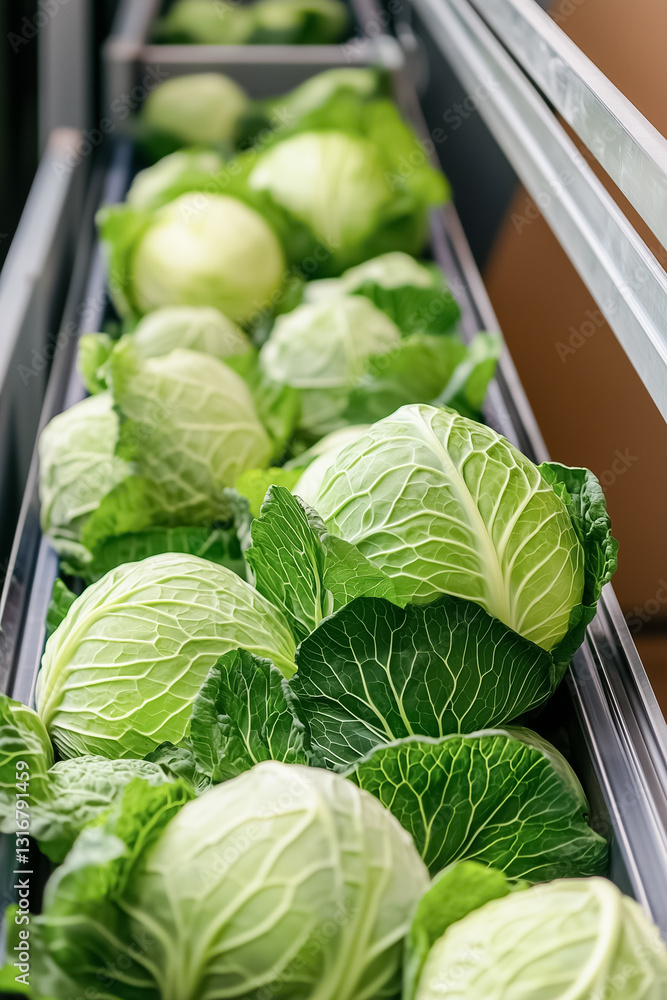Aufkleber cabbages are being seamlessly transported along a conveyor belt towards a shipping container, showca