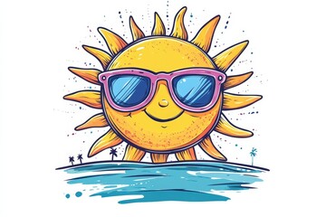 Cheerful Cartoon Sun Wearing Sunglasses Over Calm Ocean Waves