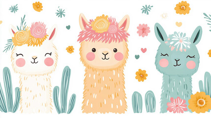 Adorable seamless pattern of cute alpacas and colorful cacti in a whimsical style.