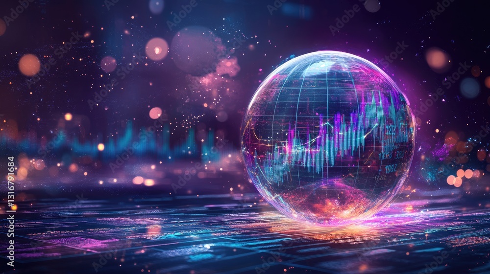 Aufkleber abstract digital globe with financial data visualization and fluctuating graphs in colorful space ba