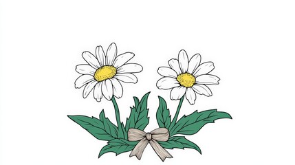 Fototapeta premium Charming Hand-Drawn Daisies with Green Leaves and a Ribbon