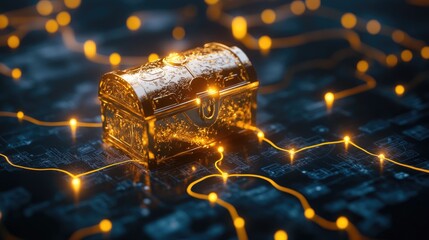 Golden Treasure Chest Surrounded by Glowing Network Connections and Digital Circuit Patterns