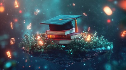 Graduation Cap and Books Surrounded by Glowing Academic Icons in a Magical, Ethereal Landscape