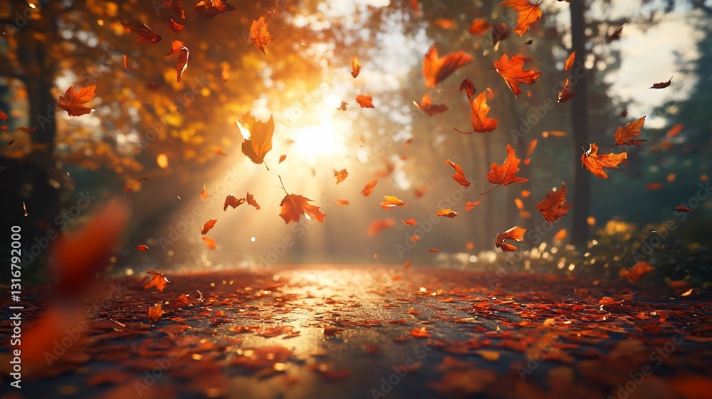 Poster sunlit autumn path with falling red leaves