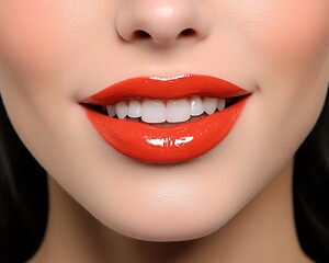 Fototapeta premium Close-up of woman's mouth with bright red lipstick and white teeth.