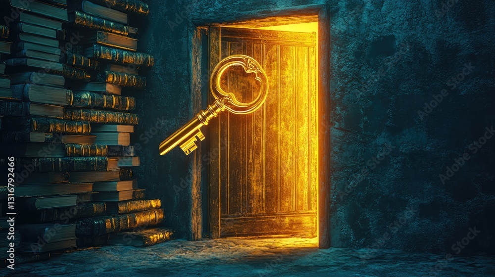 Aufkleber mysterious key floating above a doorway surrounded by ancient books in a dimly lit enchanted library