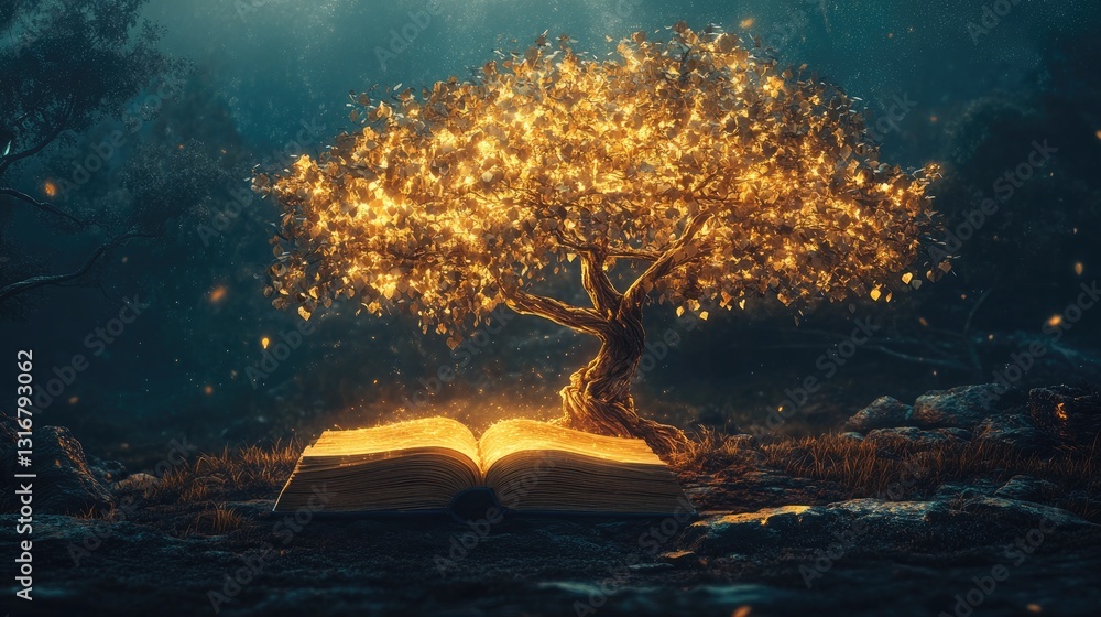 Poster enchanted tree of light growing from open book in mystical forest setting