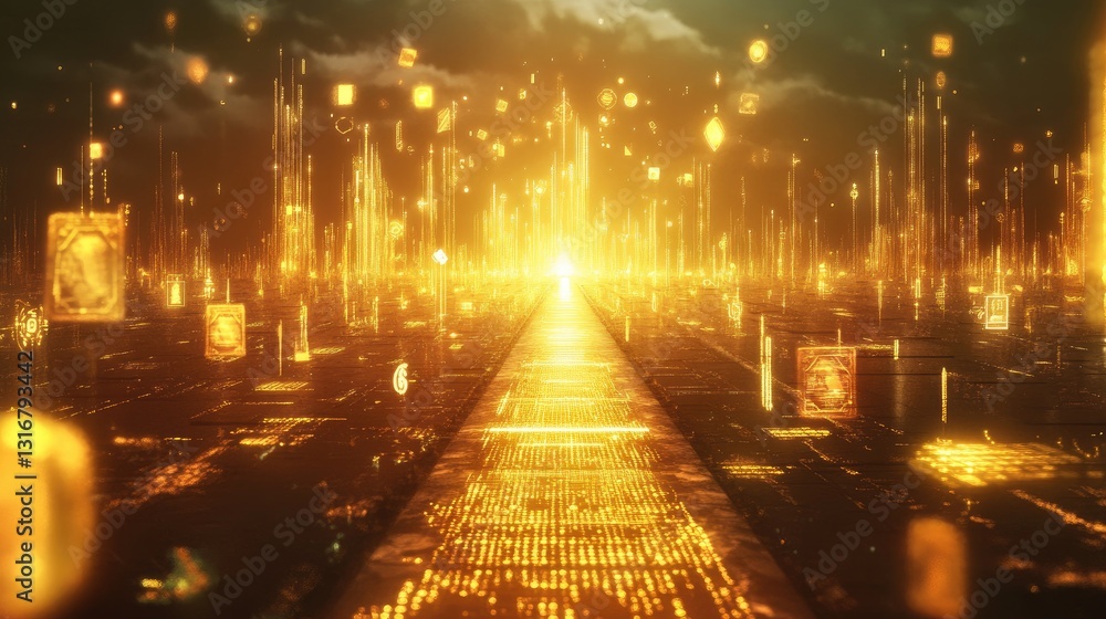 Poster futuristic digital cityscape with golden glow and floating data elements in a surreal environment