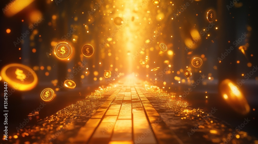 Poster golden pathway of coins and light with dollar symbols for concepts of wealth and prosperity in digit