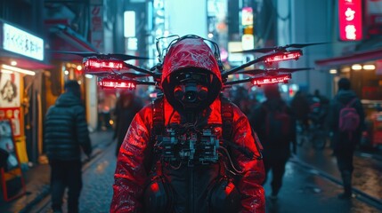 Obraz premium Cyberpunk City Drone Rider: Neon Nights in a Futuristic Metropolis