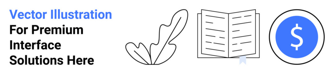 Leaf outline, open book with bookmark, coin symbolizing monetary value. Ideal for education, content making, finance, minimal web design, business services, creative tools flat landing page banner