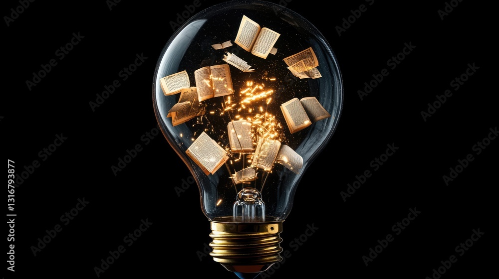 Poster explosion of inspiration inside a light bulb with books and sparkles representing creativity and kno