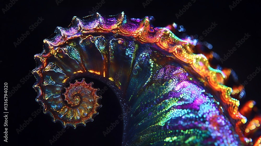 Poster a vibrant, iridescent seashell showcasing intricate patterns and colors.