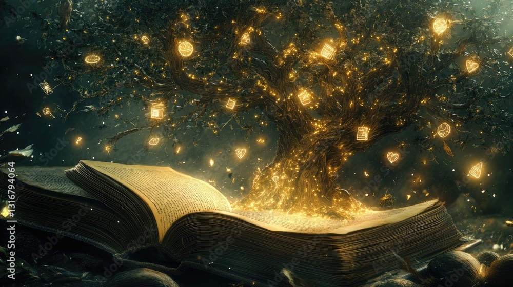 Poster enchanted tree of knowledge emerging from an open book illuminated by magical symbols and soft glow 