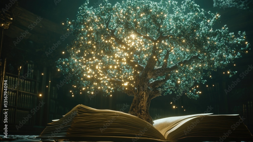 Poster Enchanted Tree Growing from an Open Book in a Dimly Lit Library with Sparkling Lights