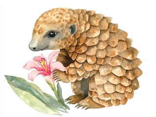 Obraz premium Adorable Watercolor Illustration of a Pangolin with a Flower