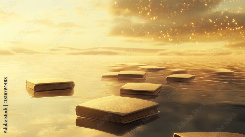 Poster serene journey of open books floating on calm water under golden sky and enchanting sparkles