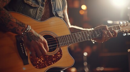 Obraz premium Guitarist Holding Acoustic Guitar in Artistic Performance with Bright Lights and Soft Background