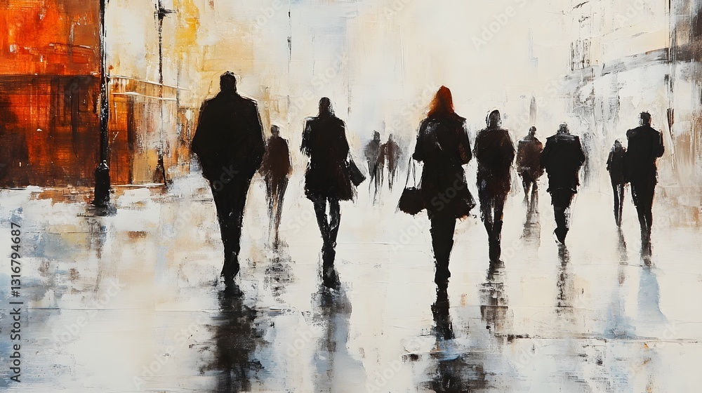 Poster silhouetted group of anonymous people walking down a rainy city street in a busy business and financ