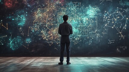 Obraz premium Person Observing Cosmic Digital Art Display with Stars, Constellations and Space Elements in a Dark Room