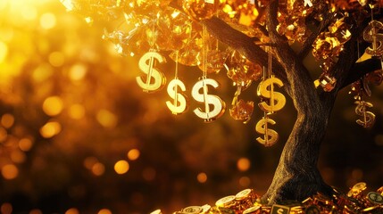 Golden Money Tree with Dollar Signs Shining Brightly in a Warm, Glowing Sunset Environment