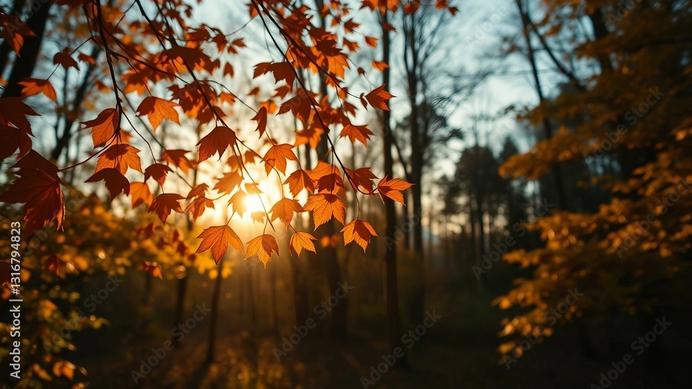 Poster falling leaves in a radiant display are illuminated by setting sun filtering through a forest of aut