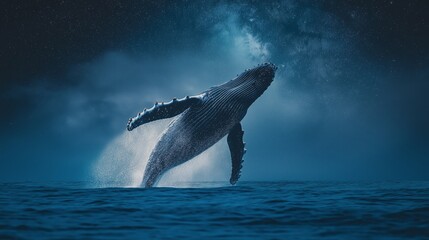 Fototapeta premium A majestic humpback whale breaching under a starry sky. 