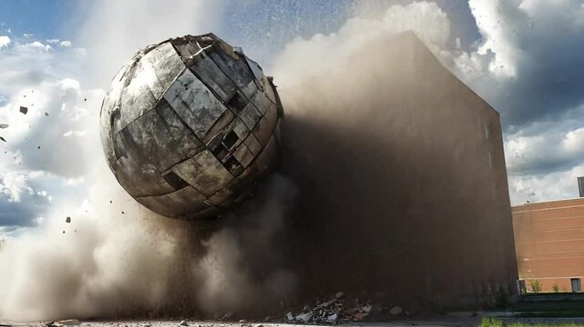 Dramatic Demolition Sequence, Building Implosion with Wrecking Ball in Action