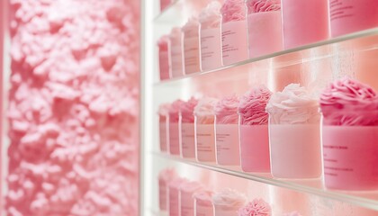 Rows of Pink Peony Candles in Glass Jars on Display Shelves, Soft Lighting