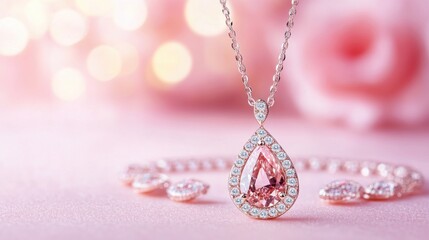 Rose gold jewelry set with diamonds on pastel pink