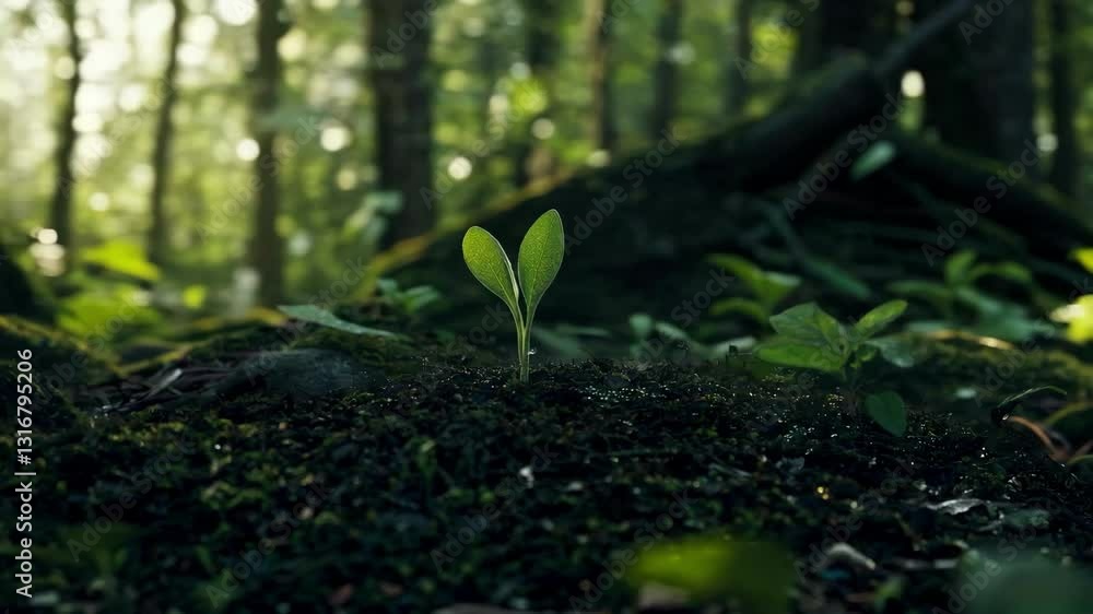 Poster young green seedling in forest soil with sunlight filtering through trees. growth concept