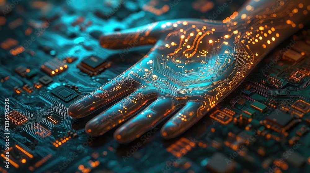 Poster futuristic hand interacting with digital circuitry representing advanced technology and artificial i