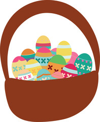 Charming Easter egg basket illustration filled with colorful, decorated eggs. Perfect for greeting cards, invitations, and festive designs. Ideal for Easter-themed projects and spring celebrations.