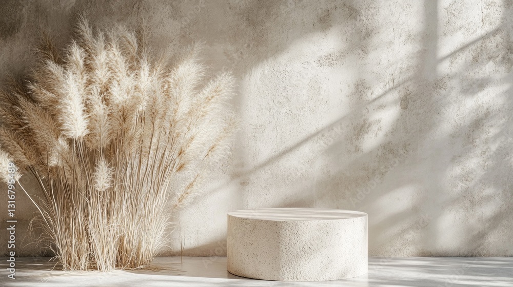Poster soft sunlight filters through a room, illuminating a striking group of pampas grass next to a minima
